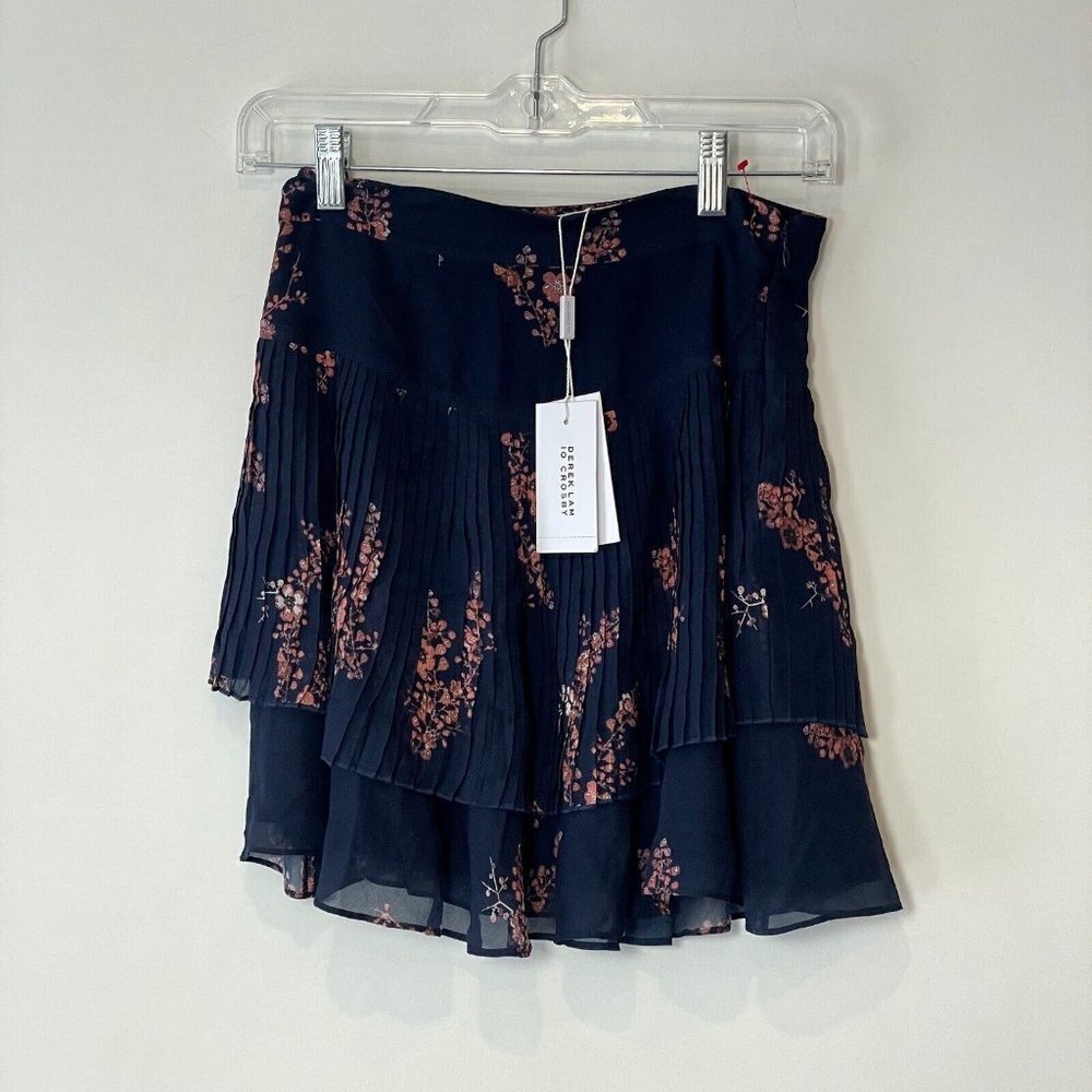 Derek Lam 10 Crosby Pleated Mini Floral Skirt Womens 00 Navy Blue Tiered NEW